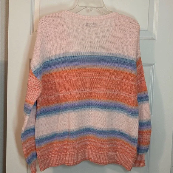 Loft pink & blue Ombre Striped V-Neck Sweater SZ L cotton blend casual weekend - Picture 2 of 11